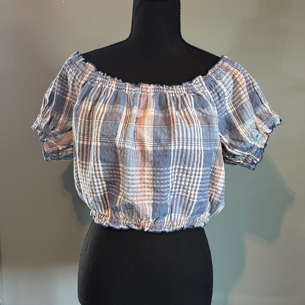 Plaid Off-Shoulder Crop Top - Blue/Pink